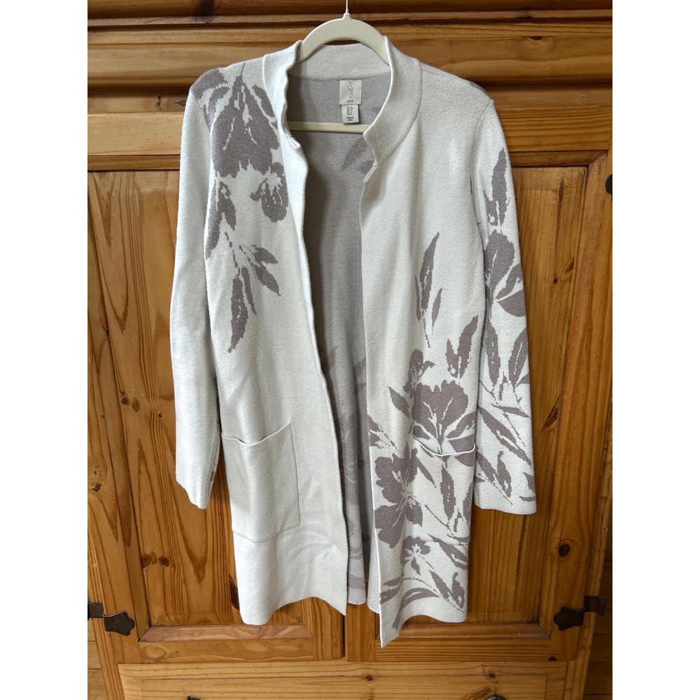 Joie Floral Jacquard Longline Open Front Cardigan Duster Cream Tan Small
